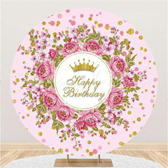 Lofaris Pink Floral And Golden Round Happy Birthday Backdrop
