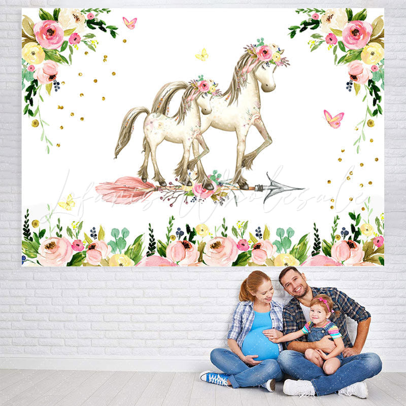 Lofaris Pink Floral And Horse Baby Shower Backdrop For Girl