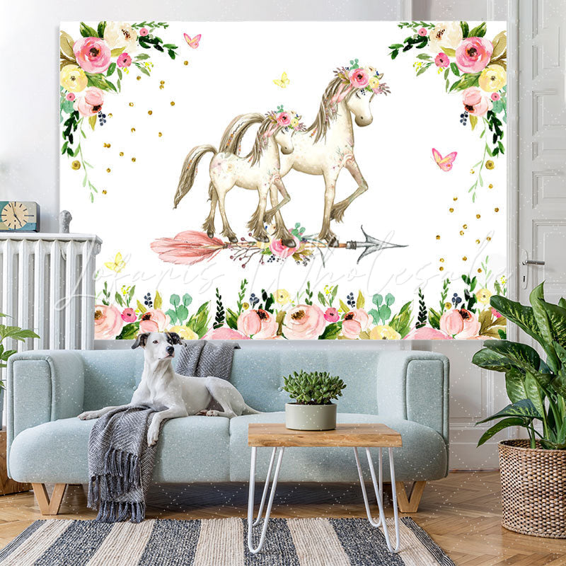 Lofaris Pink Floral And Horse Baby Shower Backdrop For Girl
