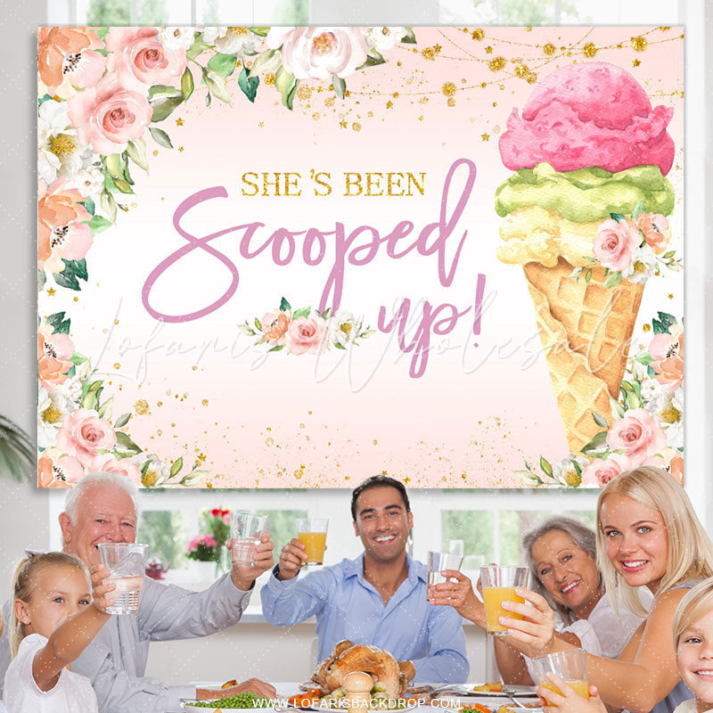 Lofaris Pink Floral And Ice Cream Glitter Happy Birthday Backdrop