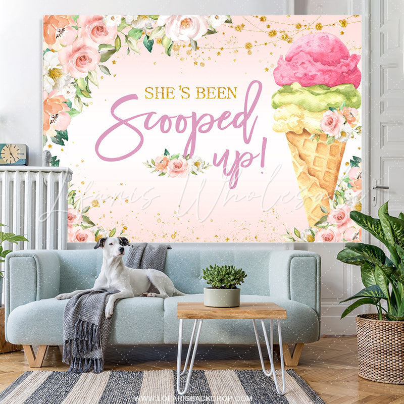 Lofaris Pink Floral And Ice Cream Glitter Happy Birthday Backdrop
