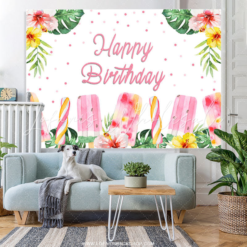 Lofaris Pink Floral And Ice Cream Happy Summer Birthday Backdrop