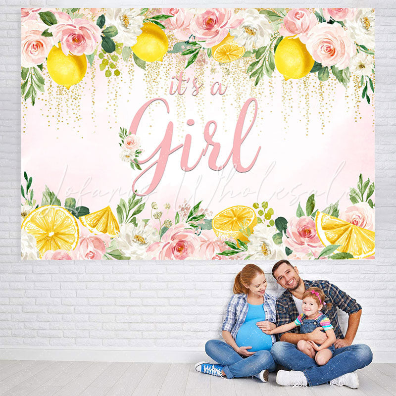 Lofaris Pink Floral and Lemon Its A Girl Baby Shower Backdrop