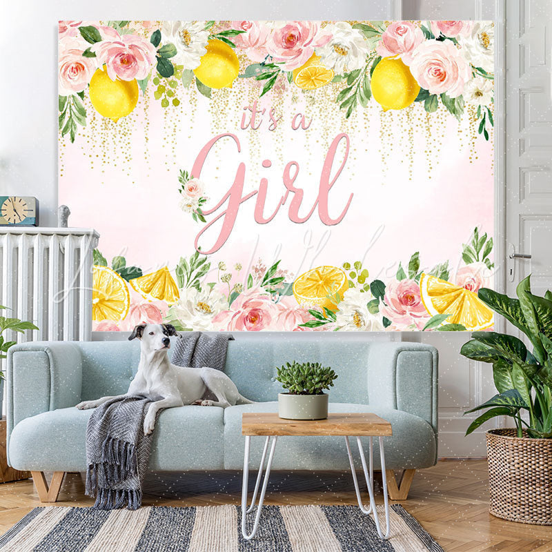 Lofaris Pink Floral and Lemon Its A Girl Baby Shower Backdrop