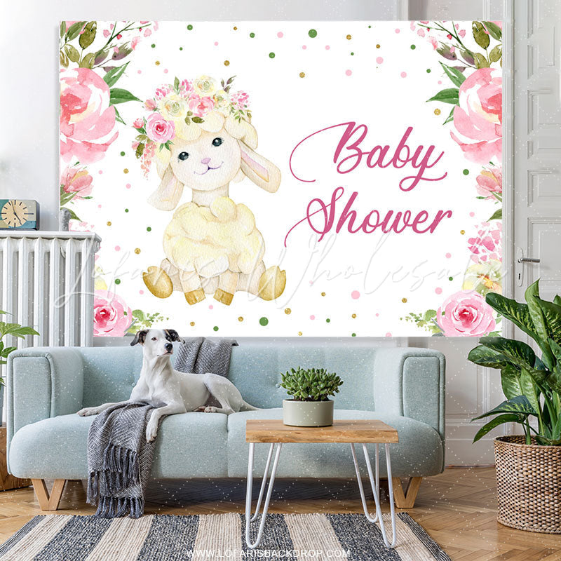 Lofaris Pink Floral And Little Alpaca Baby Shower Backdrop