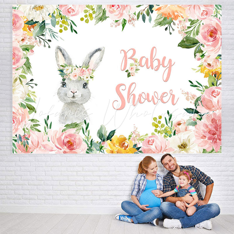 Lofaris Pink Floral And Little Bunny Theme Baby Shower Backdrop