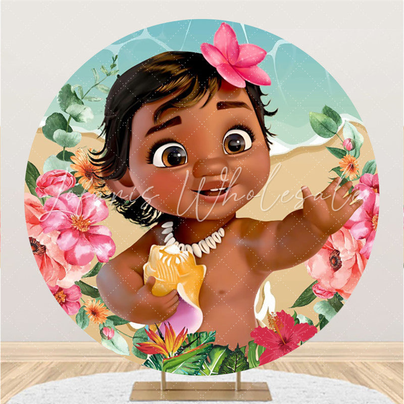 Lofaris Pink Floral And Little Girl Round Baby Shower Backdrop