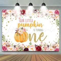 Lofaris Pink Floral And Pumpkin Glitter 1st Birthday Backdrop