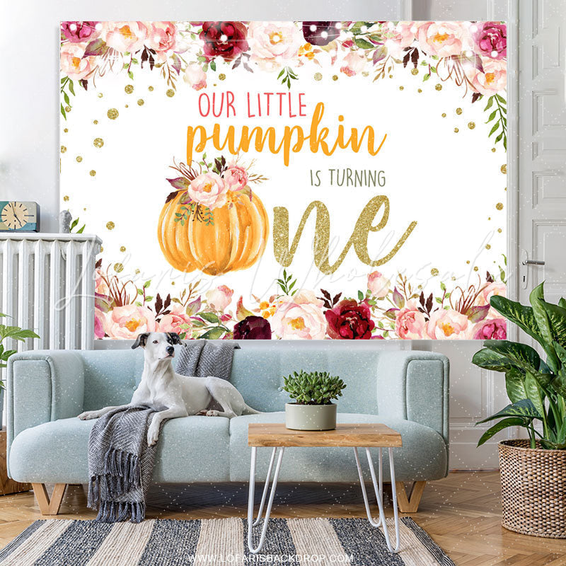 Lofaris Pink Floral And Pumpkin Glitter 1st Birthday Backdrop