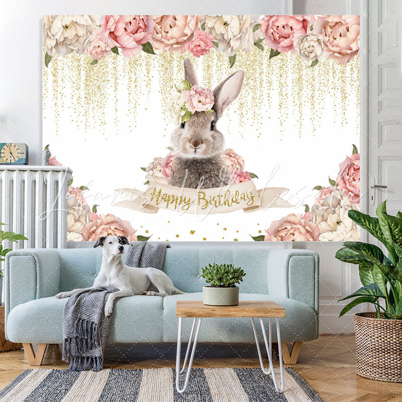Lofaris Pink Floral And Rabbit Glitter Happy Birthday Backdrop