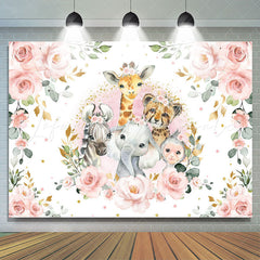 Lofaris Pink Floral And Safari Animals Baby Shower Backdrop