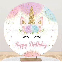 Lofaris Pink Floral And Unicorn Happy Birthday Round Backdrop