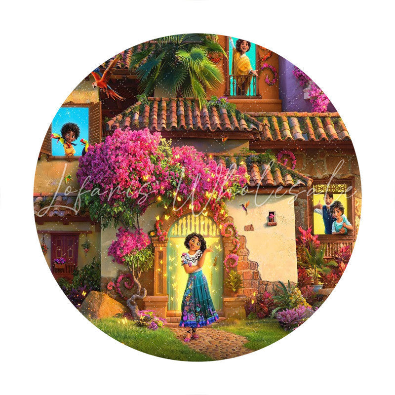 Lofaris Pink Floral And Warm House Round Birthday Backdrop