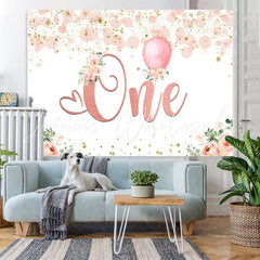Lofaris Pink Floral Balloon 1st Birthday Backdrop for Girl