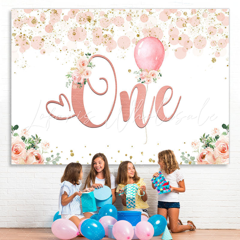 Lofaris Pink Floral Balloon 1st Birthday Backdrop for Girl