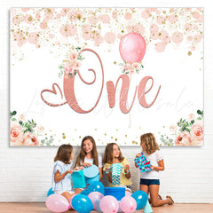Lofaris Pink Floral Balloon 1st Birthday Backdrop for Girl