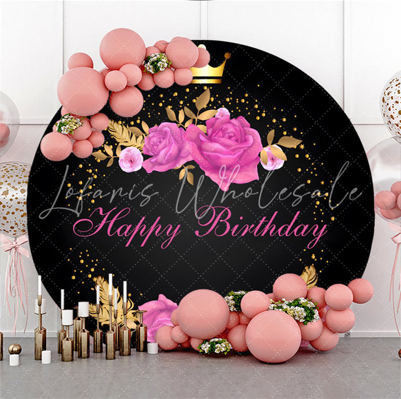 Lofaris Pink Floral Black Gold Crown Round Birthday Backdrop
