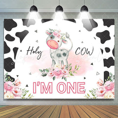 Lofaris Pink Floral Black White Holy Cow 1st Birthday Backdrop