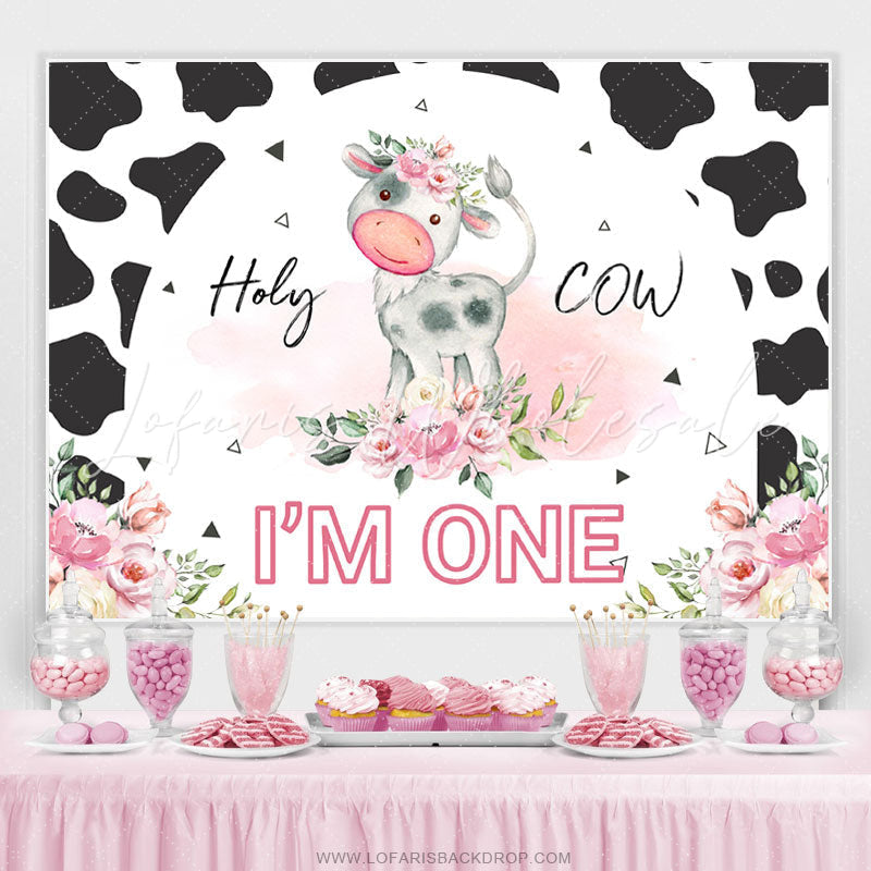 Lofaris Pink Floral Black White Holy Cow 1st Birthday Backdrop