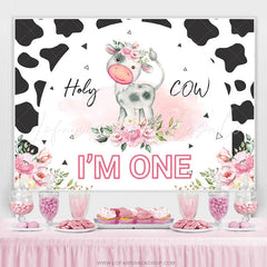 Lofaris Pink Floral Black White Holy Cow 1st Birthday Backdrop