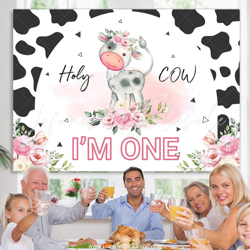 Lofaris Pink Floral Black White Holy Cow 1st Birthday Backdrop