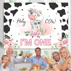 Lofaris Pink Floral Black White Holy Cow 1st Birthday Backdrop