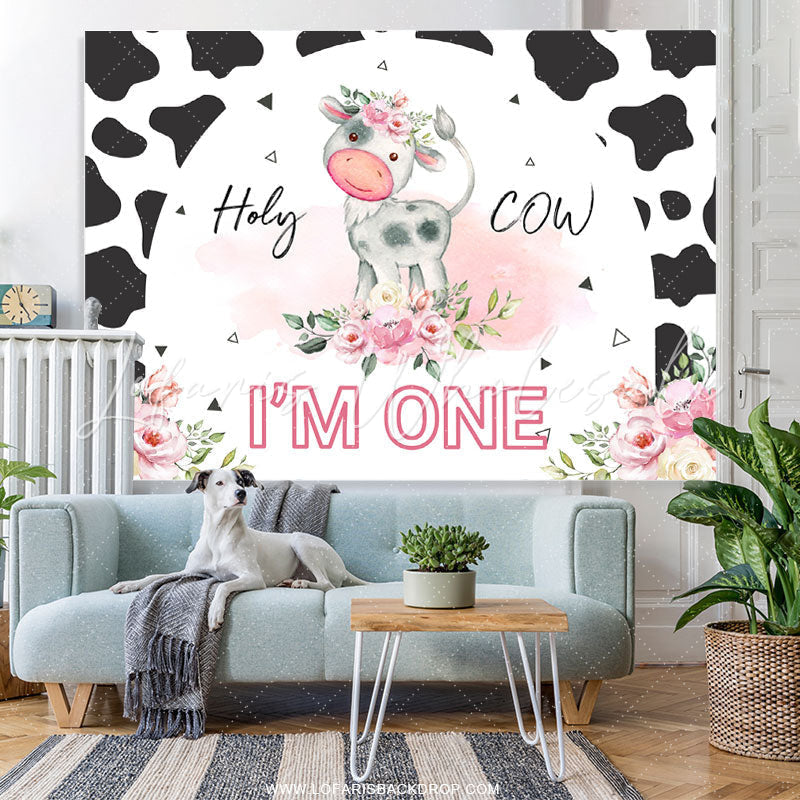 Lofaris Pink Floral Black White Holy Cow 1st Birthday Backdrop