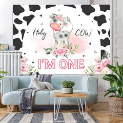 Lofaris Pink Floral Black White Holy Cow 1st Birthday Backdrop