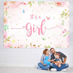 Lofaris Pink Floral Butterfly Baby Shower Backdrop For Girl