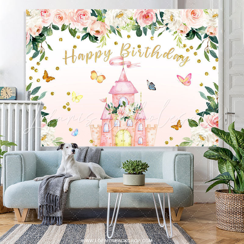 Lofaris Pink Floral Butterfly Castle Happy Birthday Backdrop
