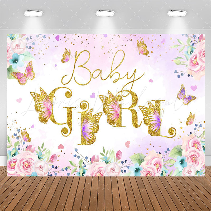 Lofaris Pink Floral Butterfly Girls Baby Shower Backdrop