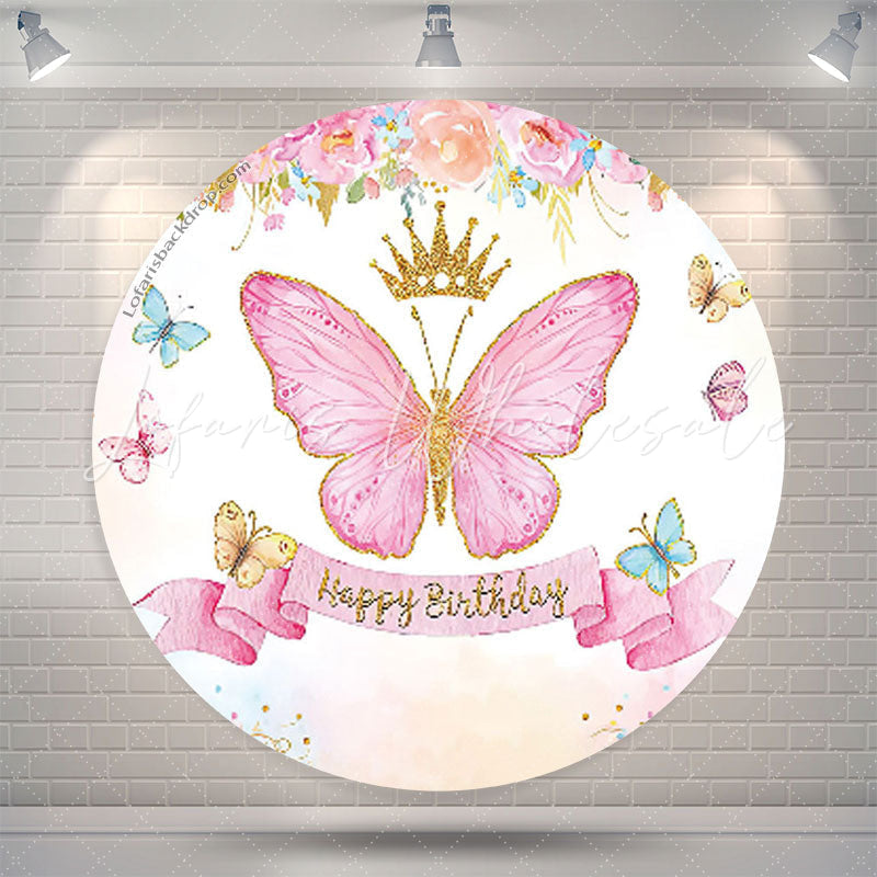 Lofaris Pink Floral Butterfly Happy Birthday Round Backdrop