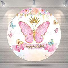 Lofaris Pink Floral Butterfly Happy Birthday Round Backdrop