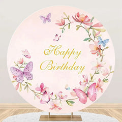 Lofaris Pink Floral Butterfly Spring Round Birthday Backdrop