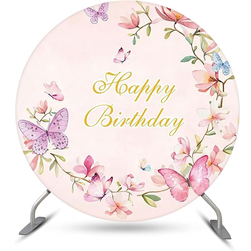 Lofaris Pink Floral Butterfly Spring Round Birthday Backdrop