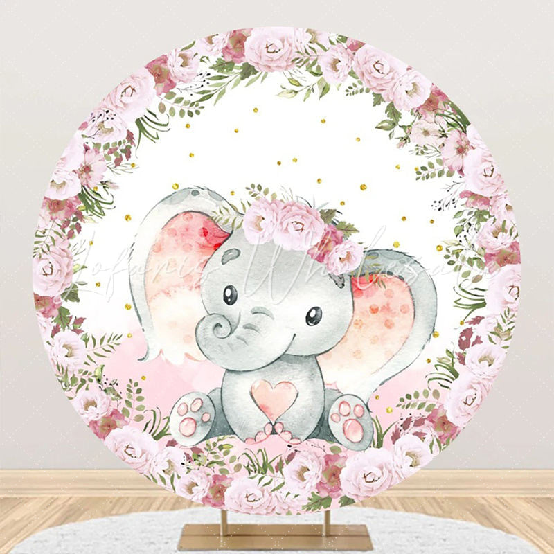 Lofaris Pink Floral Elephant Cute Round Baby Shower Backdrop