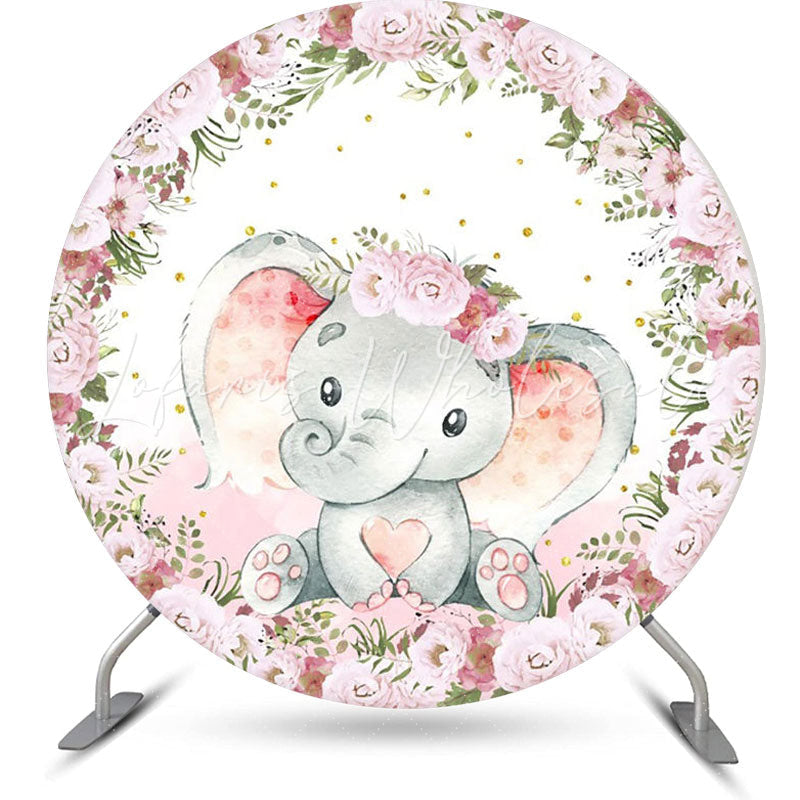 Lofaris Pink Floral Elephant Cute Round Baby Shower Backdrop