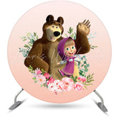 Lofaris Pink Floral Girl And Bear Round Birthday Backdrops