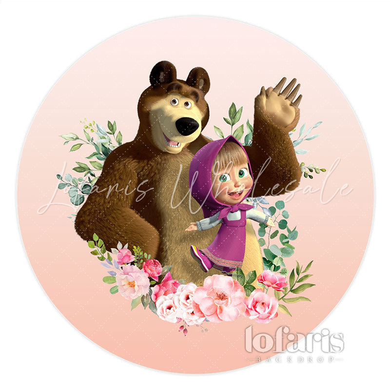 Lofaris Pink Floral Girl And Bear Round Birthday Backdrops