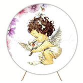 Pink Floral Girls Baptism Round Backdrop for Party Decor