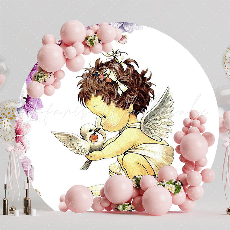 Pink Floral Girls Baptism Round Backdrop for Party Decor