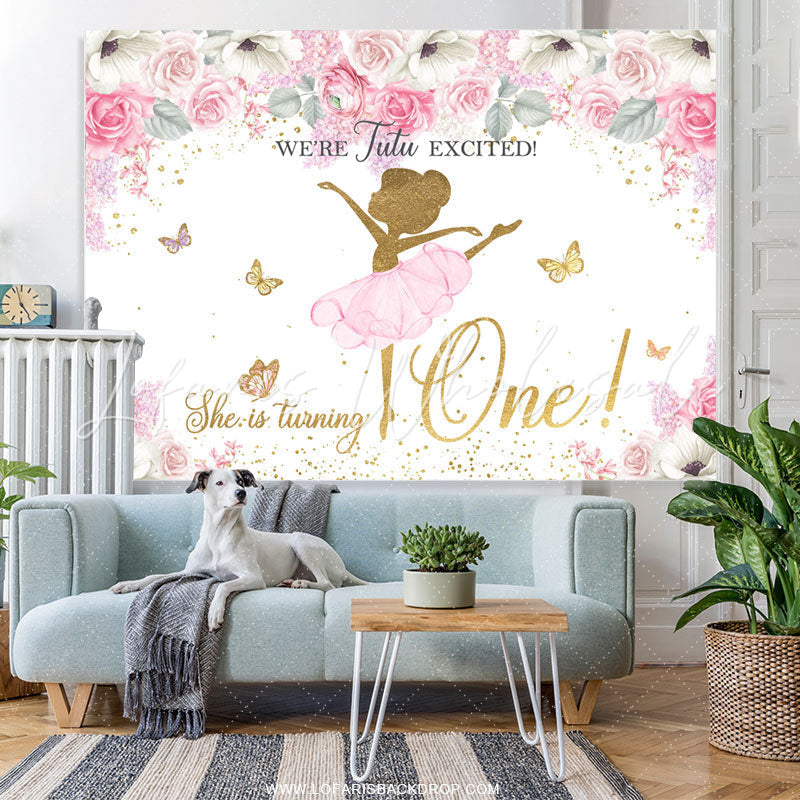 Lofaris Pink Floral Glitter Butterfly Happy 1st Birthday Backdrop