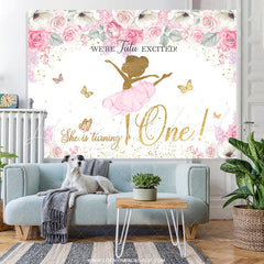 Lofaris Pink Floral Glitter Butterfly Happy 1st Birthday Backdrop