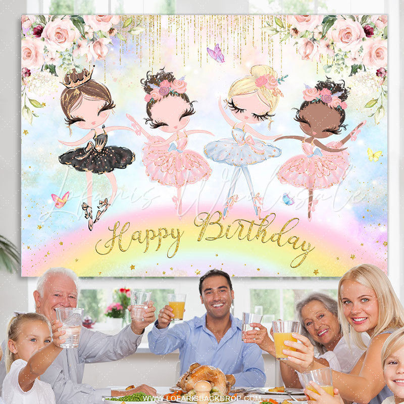 Lofaris Pink Floral Glitter Dance Girl Happy Birthday Backdrop