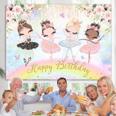 Lofaris Pink Floral Glitter Dance Girl Happy Birthday Backdrop