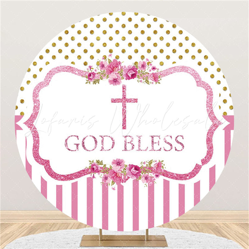 Lofaris Pink Floral Glitter God Bless Round Baby Shower Backdrop