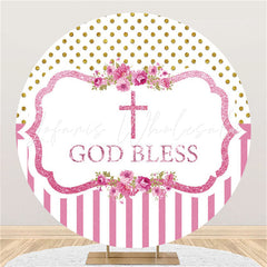 Lofaris Pink Floral Glitter God Bless Round Baby Shower Backdrop