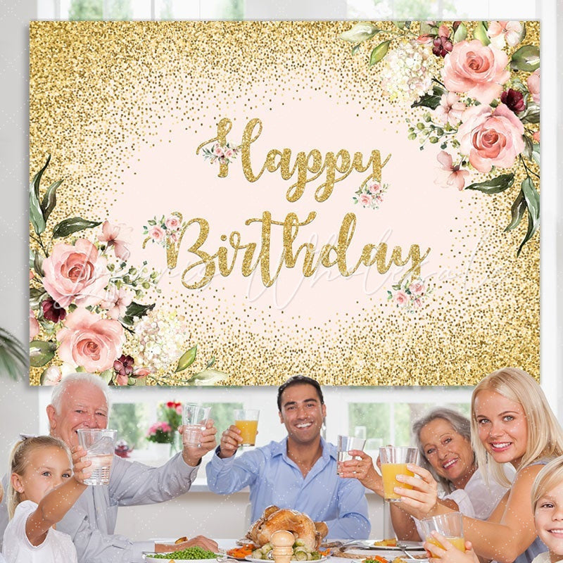 Lofaris Pink Floral Glitter Gold Happy Birthday Backdrop