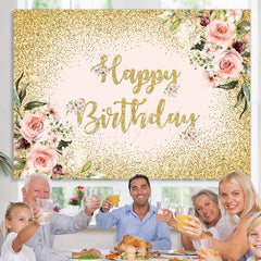 Lofaris Pink Floral Glitter Gold Happy Birthday Backdrop