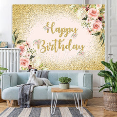 Lofaris Pink Floral Glitter Gold Happy Birthday Backdrop